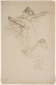 Twee studies van danseressen. Bovenste danseres staand op linkerbeen; onderste voorovergebogen danseres gezien vanaf de rug door Edgar Degas
