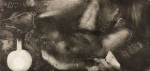 Vrouw achterovergeleund op haar bed door Edgar Degas