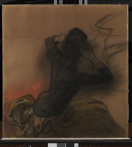 Vrouw die haar haar goed doet, ca. 1884 door Edgar Degas