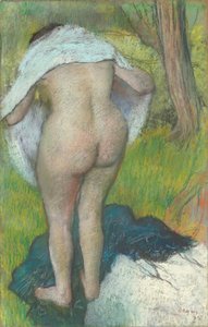 Jonge vrouw die zich aankleedt door Edgar Degas