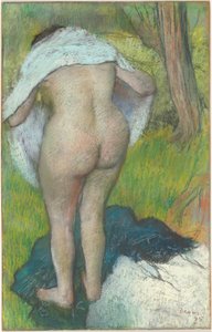 Jonge vrouw die zich aankleedt, 1885 door Edgar Degas
