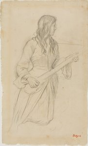 Jonge vrouw die mandoline speelt, studie voor portret van Mlle. Fiocre in het ballet "La Source". door Edgar Degas