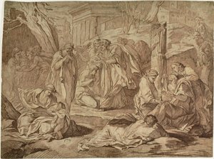 Een Heilige Kleedt de Armen Onder de Puinhopen van een Aardbeving door Edmé Bouchardon