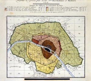 (detail) Atlas du Plan General de la Ville de Paris, toont de verschillende toevoegingen door de geschiedenis heen aan de stad
