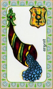 tarot door magus Belline getekend door Edmond Billaudot c. 1845 en gegeven aan helderziende Belline voor heruitgave: kaart van het geld: munten in een hoorn des overvloeds
