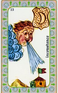 tarot door magus Belline getekend door Edmond Billaudot ca. 1845 en gegeven aan helderziende Belline voor heruitgave: kaart van de wispelturigheid: wind waait