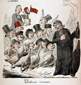 Plattelandskiezers: kiezers afgebeeld als ganzen en aangetrokken door een priester met alcohol - tekening door Lavrate door Edmond Lavrate