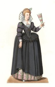 Franse vrouw onder het bewind van koning Hendrik III (1551-1589) - Lithografie gebaseerd op een illustratie door Edmond Lechevallier-Chevignard (1825-1902), uit 