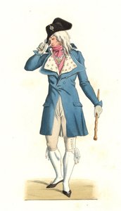 Jonge Franse man geboren in de mode van de Incrediables van de 18e eeuw, naar een schilderij van Carle Vernet (1758-1836) - Lithografie van een illustratie door Edmond Lechevallier-Chevignard (1825-1902), uit 