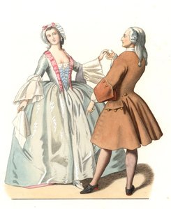 Dansmeester en een jonge Venetiaan, dansles in Italië 18e eeuw, gebaseerd op een schilderij van Pietro Longhi (1701-1785) - Lithografie gebaseerd op een illustratie van Edmond Lechevallier-Chevignard (1825-1902), afkomstig uit "Historische Kostuums van de 