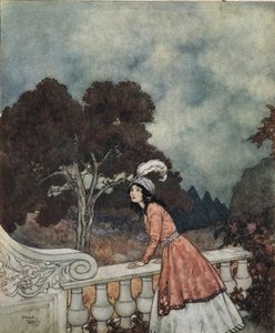 Blauwbaard: Blauwbaards jonge vrouw, Fatima, vraagt haar zus Anne of ze haar broers ziet vanaf de toren door Edmund Dulac