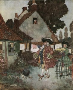 Assepoester: de minister zoekt in alle huisjes en huizen van het koninkrijk naar het meisje dat haar glazen muiltje verloor, ca. 1910 (lithografie)