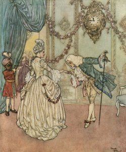 Assepoester: De jonge Assepoester kwam naar het bal dankzij haar peettante en ontmoet de prins die haar hand kust c.1910 (lithografie) door Edmund Dulac