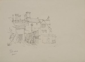 Schets van de binnenplaats achter de schuur van de Warden in New College, met verblijven op de achtergrond door Edmund Hort New