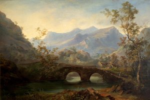 Bergachtig landschap met rivier, brug en huisjes, 19e eeuw