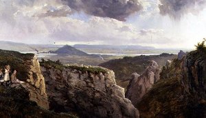 De Elbor Rocks kijkend naar Glastonbury, met de kunstenaar, E.J. Niemann, geschilderd door A.F. de Prades door Edmund John Niemann