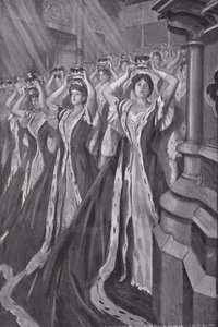 Vrouwen van adel zetten hun kronen op bij de kroning van koningin Alexandra, gemalin van koning Edward VII, Westminster Abbey, Londen