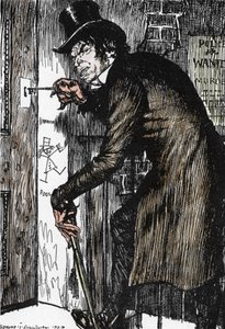 Mr Hyde keert na een nacht vol avonturen terug naar huis om het tegengif te nemen en weer de verschijning van Dr Jekyll aan te nemen, illustratie door Edmund Joseph Sullivan voor de roman 