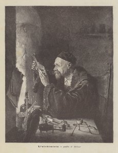 De alchemist, schilderij van Hellmer