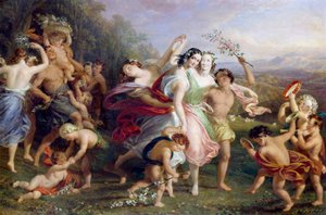 "Matinee de mai" Dans en rondes van bosfiguren, kinderen omkranst met bloemen. Schilderij door Edmund Thomas Parris (1793-1873) 1859