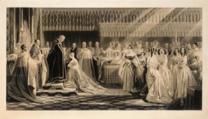 De kroning van Hare Majesteit Koningin Victoria, in Westminster Abbey, 28 juni 1838, gegraveerd door Charles Edward Flagstaff door Edmund Thomas Parris
