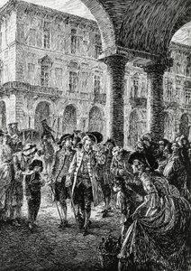 Ontmoeting onder de arcades van Turijn, illustratie voor De storm, Satet, Turijn door Edoardo Calandra