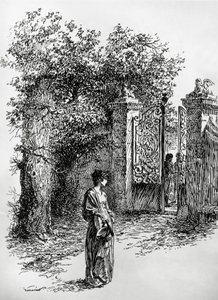 Vrouw voor een poort, illustratie voor De storm, Satet, Turijn door Edoardo Calandra