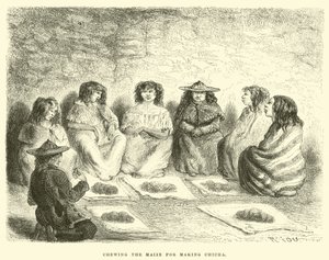 Het kauwen van maïs voor het maken van Chicha (gravure) door Edouard (after) Riou