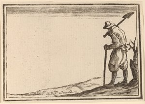 Boer met schop op zijn schouder