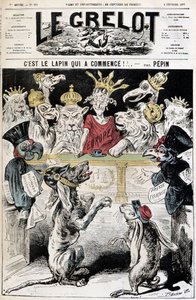 Het konijn is begonnen! - Cartoon over het Frans-Duitse conflict, een hond met een Pruisische helm beschuldigt een konijn met een Franse legerpet, voor een rechtbank onder leiding van Europa met roofvogels en kronen - Illustratie door Edouard Pepin door Edouard Guillaumin Pepin