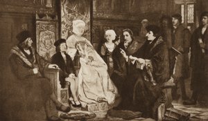 Erasmus leest voor aan de jonge keizer Karel V, Brussel door Edouard Jean Conrad (after) Hamman