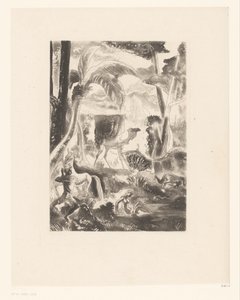 Landschap met palmbomen en badende figuren