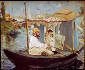 Claude Monet schilderend in zijn studioboot door Édouard Manet