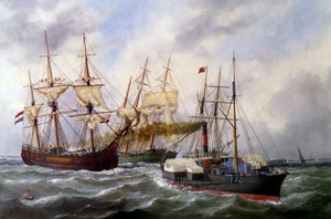 Twee driemasters gesleept door Le Neptune in Le Havre in 1882