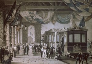 Koningin Victoria en Prins Albert arriveren op Gosport Station, Hampshire, gegraveerd door Bayot & Cuvilier, 1846 door Edouard Pingret