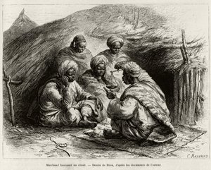 Een koopman die een klant fascineert, zittend op de grond, op een kleine mat, hij maakt het artikel door een weegschaal vast te houden. Gravure door Riou, ter illustratie van het verhaal 