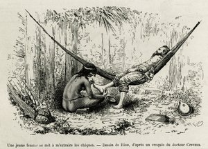 Een jonge Roucouyan vrouw verwijdert de splinters die de voeten van de ontdekkingsreiziger tijdens de nacht hebben doorboord. Gravure door Riou, ter illustratie van het verhaal van Cayenne aux Andes, door Jules Crevaux, arts van de Franse marine, in 1878-1 door Edouard Riou