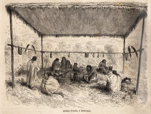 Ajoupa van de Antis-indianen in Biticaraya (Peru), tekening door Riou, ter illustratie van de reis van de Stille Oceaan naar de Atlantische Oceaan