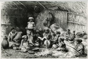 Een middag bij de favoriet van de sjeik van de Gobrons, vrouwenactiviteiten: borduren en wol spinnen, vlechten en pottenbakken. Gravure door Riou, ter illustratie van het verhaal 