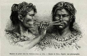 Een instrument gemaakt van vogelbot en een manier van snuiven onder de Indianen ouitotos (uitoto), blazend in koor, sturen ze tegelijkertijd de vangst. Gravure door Riou, ter illustratie van het verhaal van Cayenne aux Andes, door Jules Crevaux, arts van d door Edouard Riou