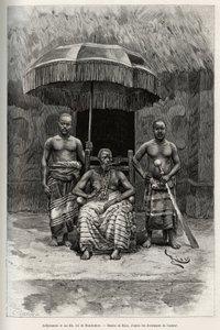 Ardjoumani (overleden 1892) en zijn zonen, koning van Bondoukou (Ivoorkust). Gravure door Riou, ter illustratie van het verhaal 