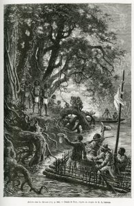 Aankomst van het vlot van Dr. Crevaux en E. Lejeanne, aan de oevers van het dorp Mitouas. Gravure door Riou, ter illustratie van de ontdekkingsreis door Nieuw-Granada en Venezuela, door Dr. Crevaux, arts eerste klas van de marine en E. Lejeanne door Edouard Riou