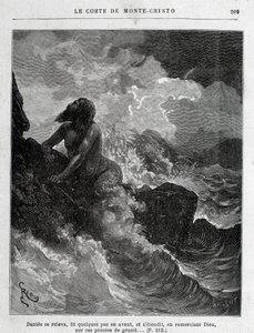 Dantès ontsnapt zwemmend - Gravure door Riou, in 