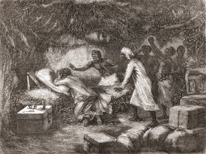 Dood van Dr. Livingstone in het dorp Tchitammbo, Afrika, in 1873, illustratie uit 