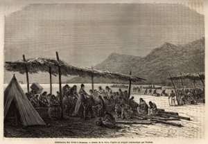 Voedseluitdeling in Keauhou, na de aardbeving en vulkaanuitbarsting van 1868, voor de slachtoffers van de ramp, gravure naar de tekening van E. Riou, ter illustratie van de reis naar de Sandwich-eilanden, in 1855-1869, door C. de Varigny, gepubliceerd in 