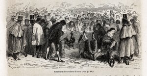Vechtende hanen, elke zondag rond de cancha de gallos in Cuzco, tekening door Riou, ter illustratie van de reis door Zuid-Amerika van 1848 tot 1860 door Paul Marcoy. Gravure
