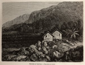Hacienda door Tian Tian, Peru en cacaoplantage, tekening door Riou, ter illustratie van Paul Marcoy