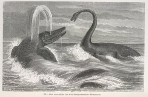 Ideaal tafereel van de lias met Ichthyosaurus en Plesiosaurus door Edouard Riou