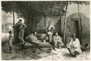 Installatie van de missie in Nango, voor een verblijf van 10 maanden, met portretten van Gallieni en zijn kapiteins Valliere en Pietri, dokter Tautain evenals zijn tolken, gids en kantiniere. Gravure door Riou, gebaseerd op een schets van de auteur, ter il