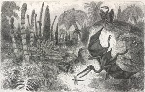 Landschap uit de Lias-periode. Illustratie van een Pterodactylus